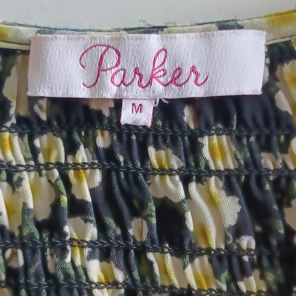 Parker Womens Silk Floral Smocked Peplum Blouse Black Daisy Balloon Sleeve Sz M - Picture 8 of 14